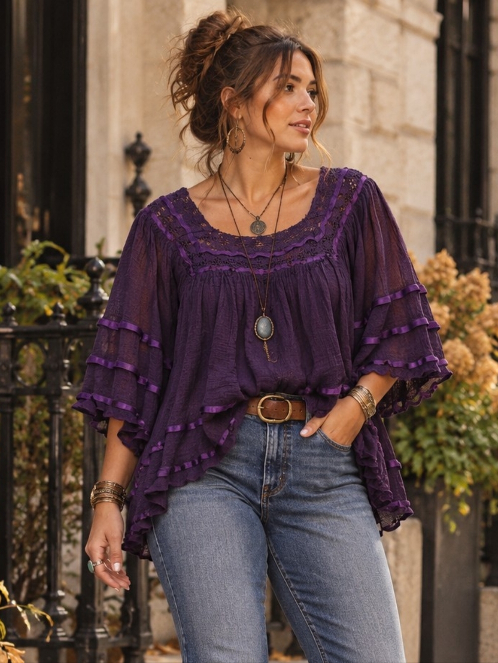 Vintage Whimsigoth Purple Ribbon Top Mexican Gauze Angel Sleeve Blouse S/M/L/XL